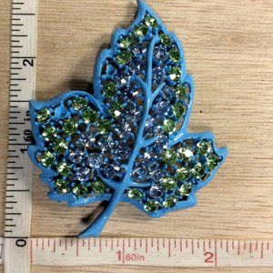 Vintage Weiss Maple Leaf Pin Brooch Green Blue Rhinestones